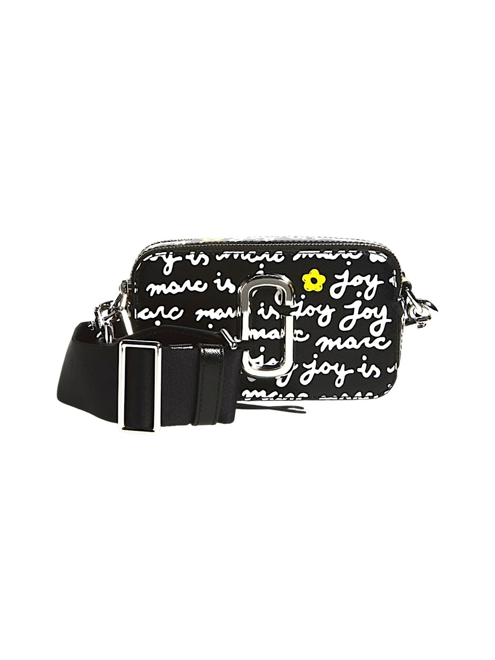 Marc Jacobs Black Script 'The Joy' Crossbody Camera Bag w Yellow Flower Accents